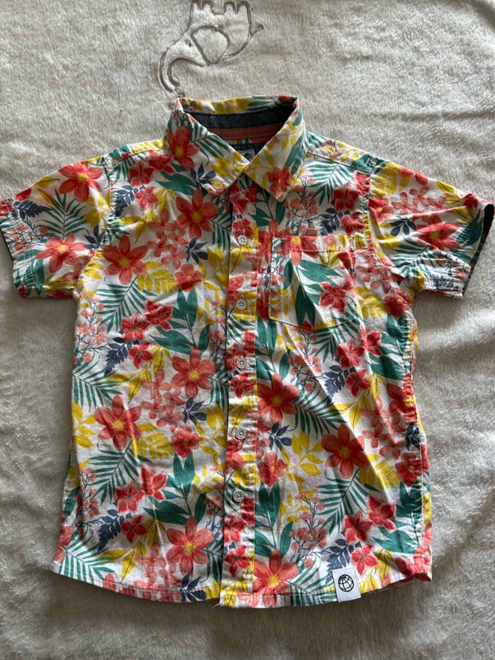 Free Planet Men's Short Sleeve Floral Button-Down Shirt - Red Yellow Green